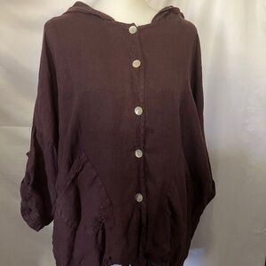 Women’s Brown Linen Button Up Drawstring Hem Hoodie Blouse